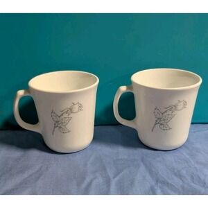2 Vintage Corning Corelle White Solitary Coffee Cups w/ Silver Rose Discontinued